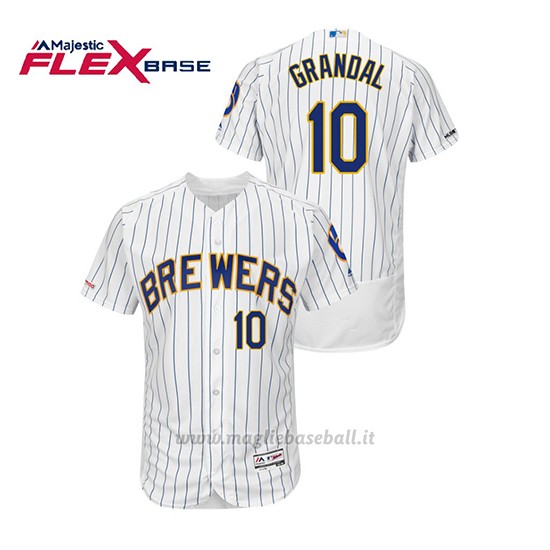Maglia Baseball Uomo Milwaukee Brewers Yasmani Grandal 150th Aniversario Patch Autentico Flex Base Bianco Blu
